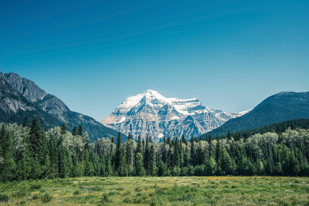 View of snow capped mount Robson, Canadian Rockies, British Columbia, Canada